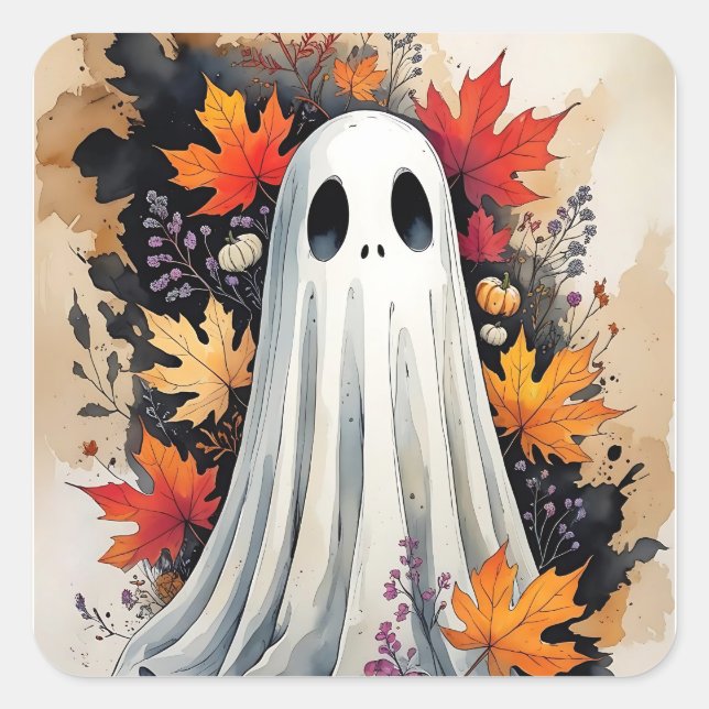 Adesivo Quadrado Cozy Autumn Ghost - Kawaii Halloween Watercolor Ar (Frente)