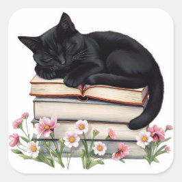 Adesivo Quadrado Cozy Black Cat Sleeping on Books Sticker 