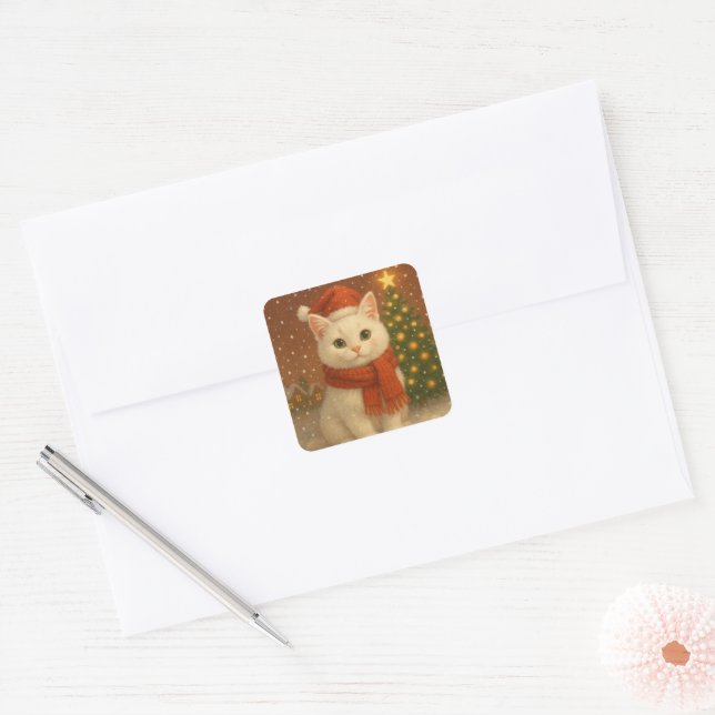 Adesivo Quadrado Cozy Christmas cat stickers (Envelope)