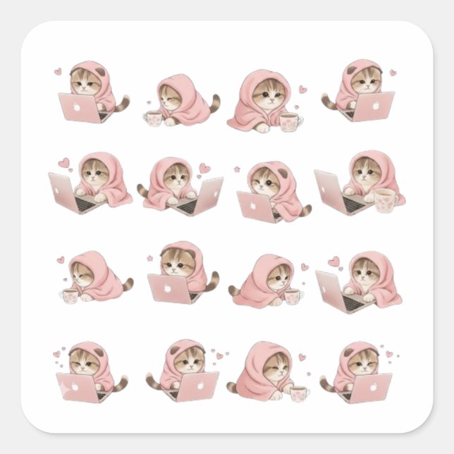 Adesivo Quadrado Cozy Gaming Cat Pattern - Aesthetic Pink Hoodie Ki (Frente)
