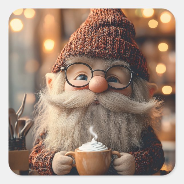 Adesivo Quadrado Cozy Gnomo aproveitando uma taça de cacau quente (Frente)