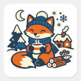 Adesivo Quadrado Cozy Kawaii Fox Drinking Cocoa in the Snow