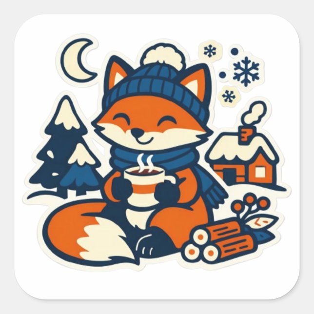 Adesivo Quadrado Cozy Kawaii Fox Drinking Cocoa in the Snow (Frente)