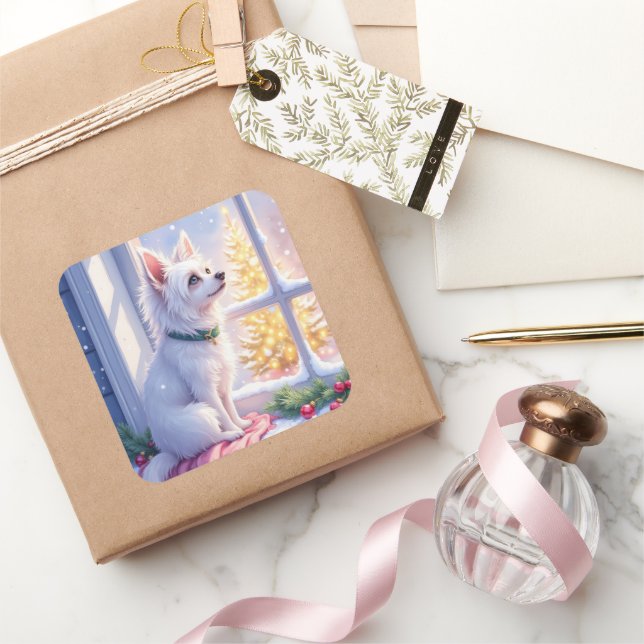 Adesivo Quadrado Cozy Maltese by Snowy Window Christmas Dog Art (Presentear)