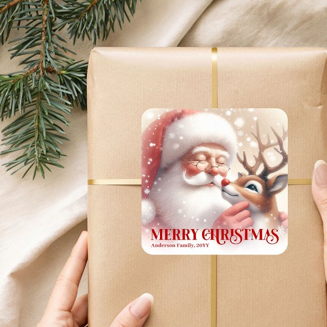Adesivo Quadrado Cozy Personalized Santa and Rudolph Christmas Gift (Cozy Personalized Santa and Rudolph Christmas Gift Sticker)