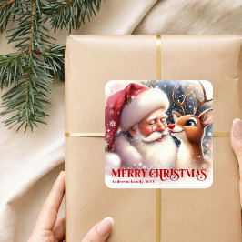 Adesivo Quadrado Cozy Personalized Santa and Rudolph Winter Sticker