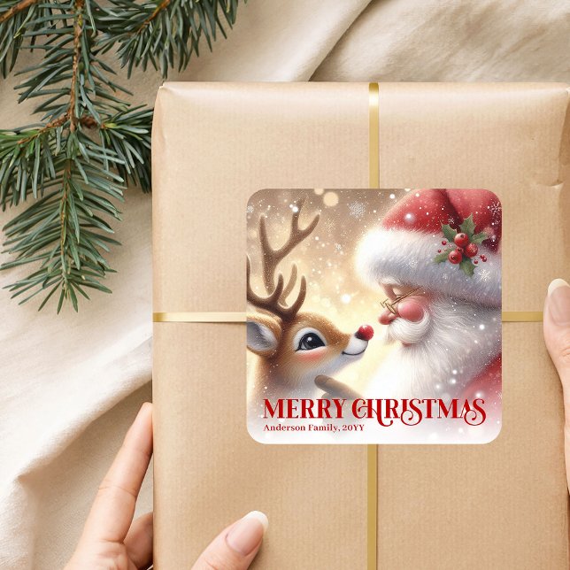 Adesivo Quadrado Cozy Santa Rudolph Personalized Christmas Kids  (Cozy Santa Rudolph Personalized Christmas Kids Holiday Sticker

)