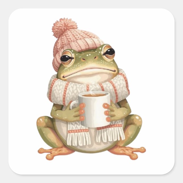 Adesivo Quadrado Cozy Winter Frog & Coffee Aesthetic (Frente)
