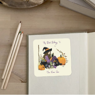 Adesivo Quadrado Cozy Witch Vibes Halloween Pumpkins Purple