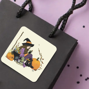 Adesivo Quadrado Cozy Witch Vibes Halloween Pumpkins Purple