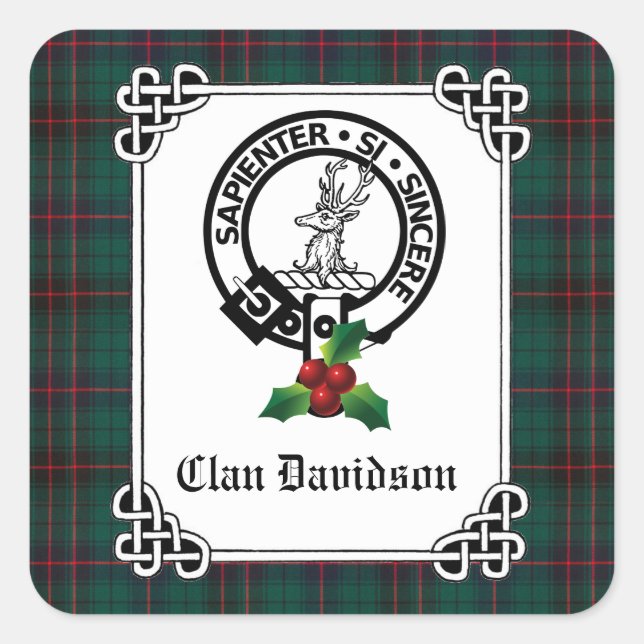 Adesivo Quadrado Crachá Clan Davidson Crest e Feriado Tartan (Frente)