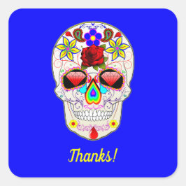 Adesivo Quadrado Crânio com Rosa e lírios em azul