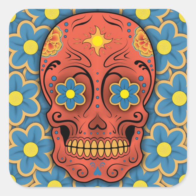 Adesivo Quadrado Crânio de Açúcar - Dia dos Mortos (Dúvidas Azuis) (Frente)