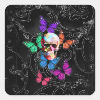 Adesivo Quadrado Crânio fantasma e borboletas coloridas