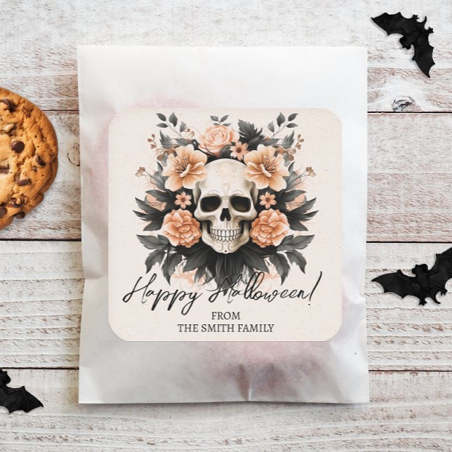 Adesivo Quadrado Crânio Floral de Vintage Personalizado (Easily personalize these spooky Halloween stickers with just a few clicks.)