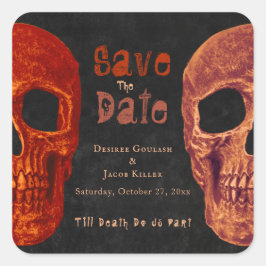 Adesivo Quadrado Crânio Gótico Laranja Preto Salvar a Data