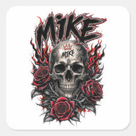 Adesivo Quadrado Crânio Gótico Mike com Rosas Vermelhas e Chamas