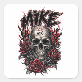 Adesivo Quadrado Crânio Gótico Mike com Rosas Vermelhas e Chamas