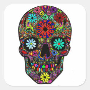 Adesivo Quadrado Crânio pintado com flores