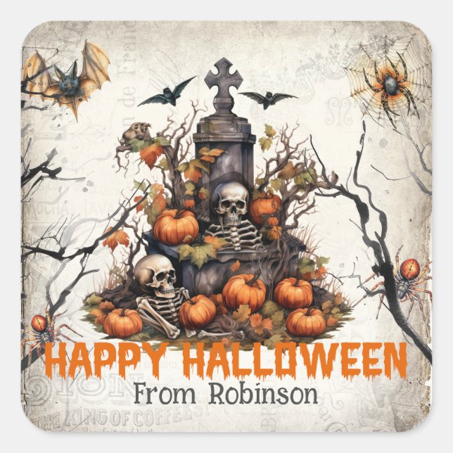 Adesivo Quadrado Crânios de aquarela com tradição de vindima (Frente)