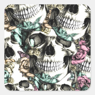 Adesivo Quadrado Crânios de rosa com borboletas.