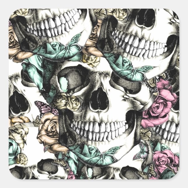 Adesivo Quadrado Crânios de rosa com borboletas. (Frente)