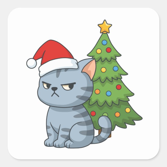 Adesivo Quadrado Cranky Grey Tabby Cat Red Hat Christmas Tree (Frente)