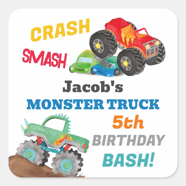 Adesivo Quadrado Crash Smash Monster Truck Birthday Bash Watercolor (Frente)