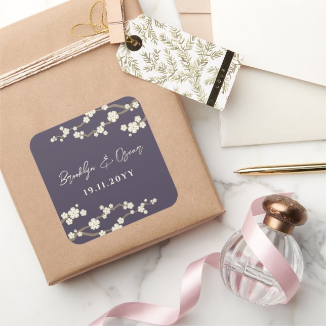 Adesivo Quadrado Cream Cherry Blossoms White Sakura Casamento Roxo (Presentear)