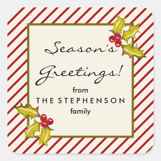 Adesivo Quadrado Cream Peppermint Stripe Holly Classic Natal (Frente)