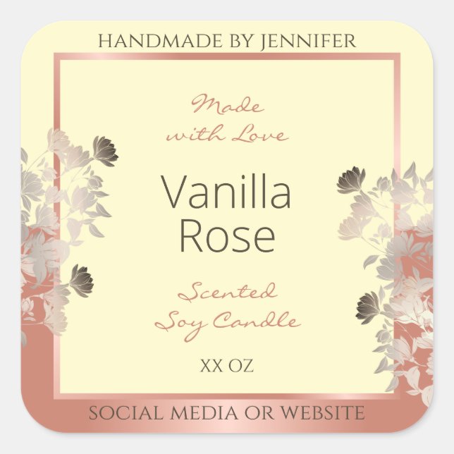 Adesivo Quadrado Creme de Rótulos de Produto Floral e Quadro Dourad (Frente)