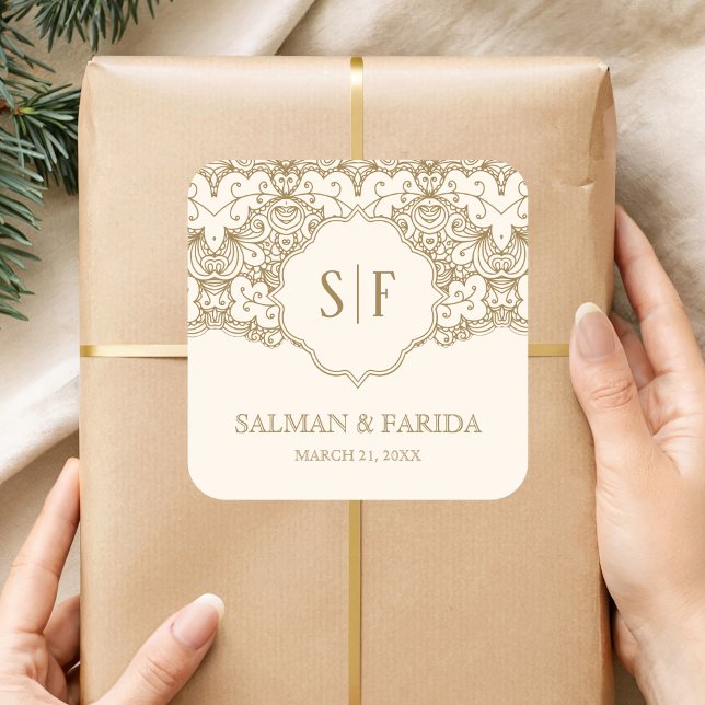 Adesivo Quadrado Creme Dourado Lace Monograma Favor de Casamento (Criador carregado)