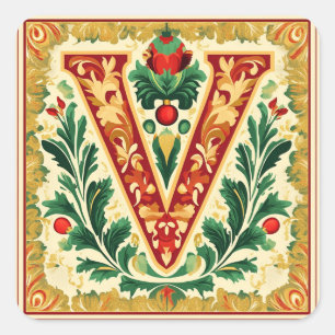 Adesivo Quadrado Creme e Letra de Natal Vermelha V com Greenery