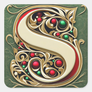 Adesivo Quadrado Creme e Letra Dourada S com Verde de Natal
