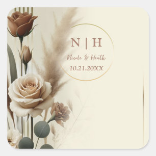 Adesivo Quadrado Creme e Mocha Neutro Geométrico Floral Casamento