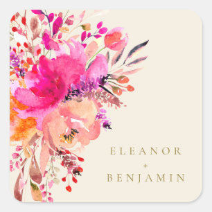 Adesivo Quadrado Creme Floral de Casamento Floral, Cor-de-Água Rosa
