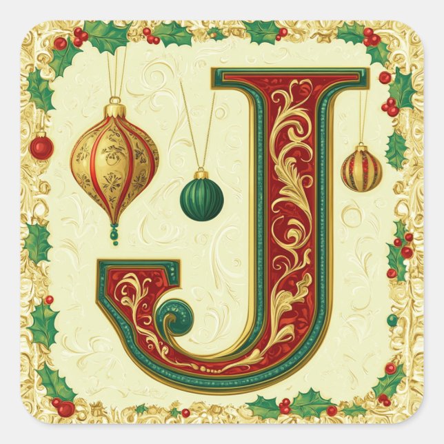 Adesivo Quadrado Creme - Letra J com Vermelho Festivo e Verde (Frente)
