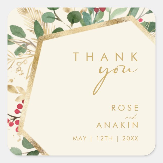 Adesivo Quadrado Creme Verde de Natal Moderno Obrigado Casamento (Frente)