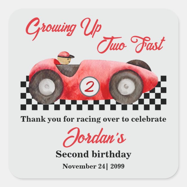 Adesivo Quadrado Crescendo Dois segundo aniversário Rápido Vermelho (Frente)