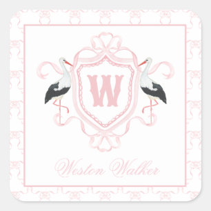 Adesivo Quadrado Crest Monograma Arco Cegonha Rosa Aquarela