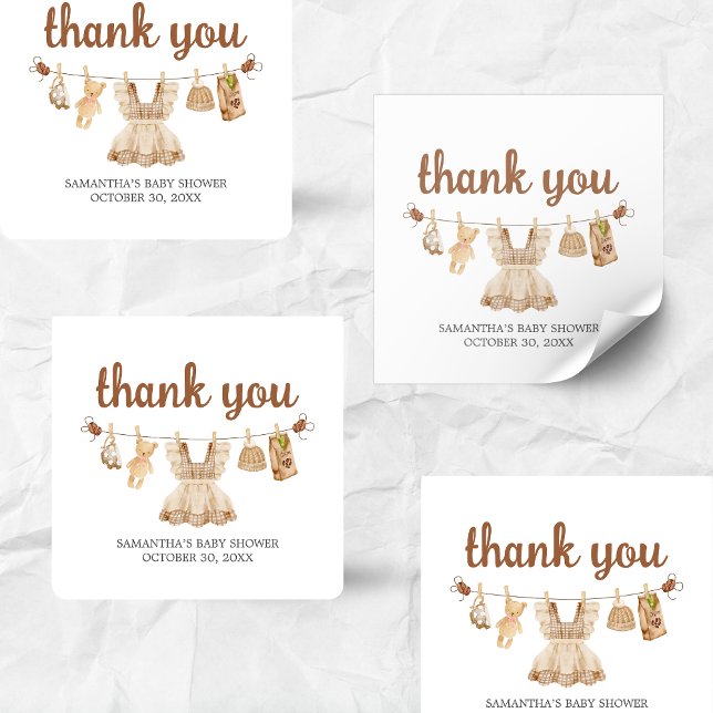 Adesivo Quadrado Criação de Chá de fraldas de café (Coffee Little Bean Clothesline Baby Shower Sticker)