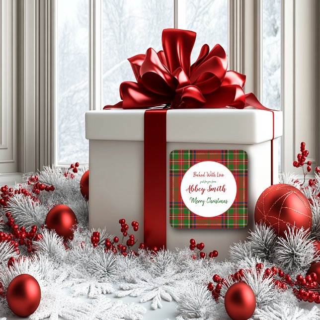 Adesivo Quadrado Criações Personalizadas da Xadrez Vermelha Natal (Criador carregado)