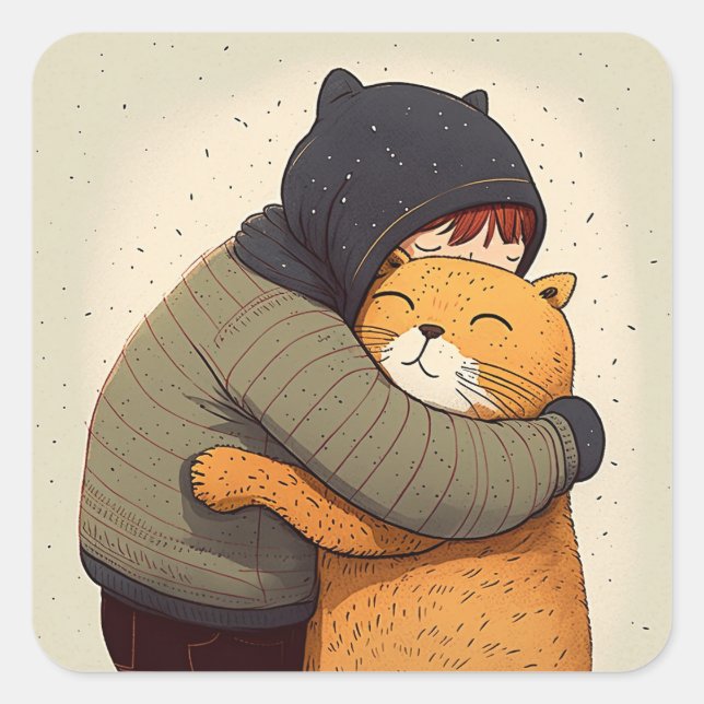 Adesivo Quadrado Criança abraça gato gengibre. Criança e animal eng (Frente)