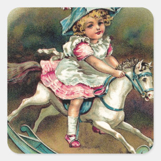 Adesivo Quadrado Criança bonito de colheita em shabbychic, cavalo d