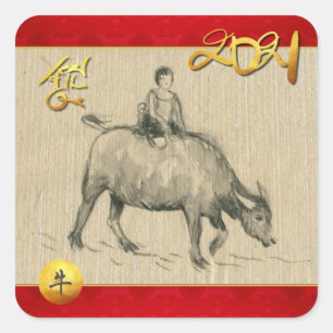 Adesivo Quadrado Criança Búfalo Chinesa Ano 2021 SqS