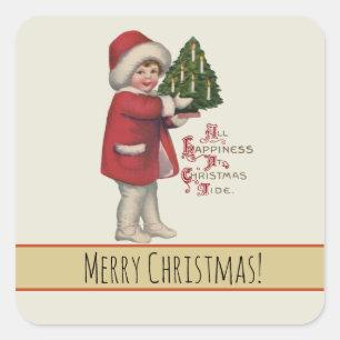 Adesivo Quadrado Criança com Árvore de Natal Ilustração Antiga Arte