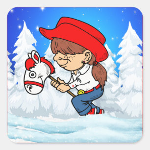 Adesivo Quadrado Criança De Cowgirl Ocidental Na Cena De Inverno Do