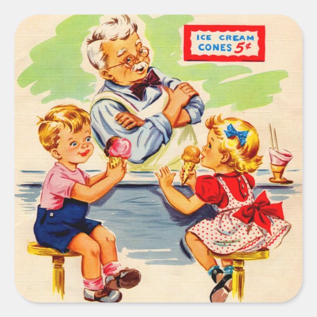 Adesivo Quadrado crianças adoráveis na fonte de refrigerante (Frente)