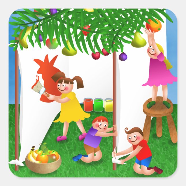 Adesivo Quadrado Crianças comemorando o Banquete judeu de Sukkot (Frente)