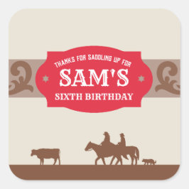 Adesivo Quadrado Crianças da Festa de aniversário Ocidental Vermelh